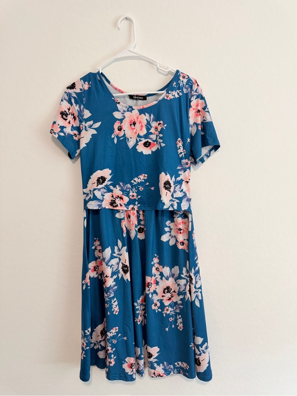 Blue Floral Maternity Dress with Pink Flowers - Nursing-Friendly Style